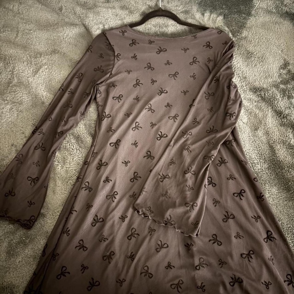 See You Monday Brown Long Sleeve Dress with Bow Motif
